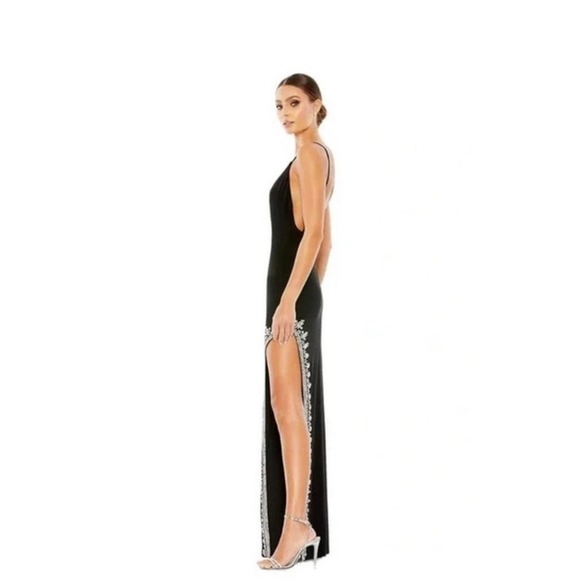 Mac Duggal Gown Low Back High Slit Dress Black Silver Size 8 - Picture 2 of 13